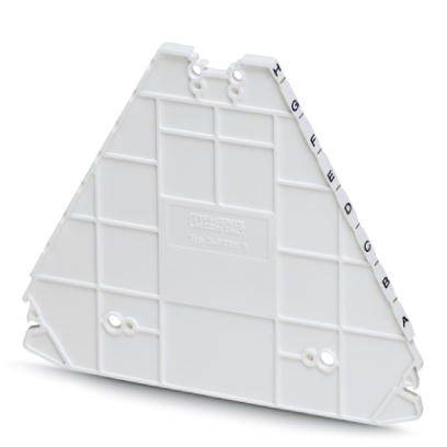Plaque triangulaire blanche en plastique avec des lettres en relief sur les bords, probablement un élément de construction ou un support.