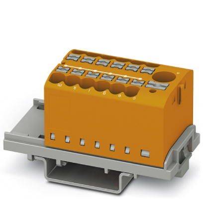 Un connecteur électrique avec un boîtier orange et plusieurs bornes de connexion, monté sur une base grise.