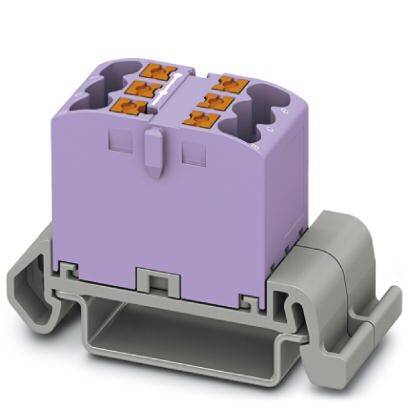 Un connecteur violet avec des supports gris, adapté pour un montage sur rail DIN.