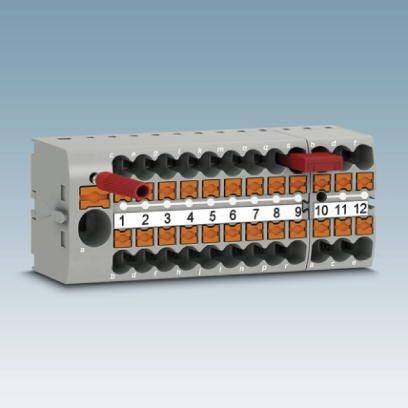 Barrette de connexion multicouche à douze points de connexion numérotés, avec deux fils rouges connectés. Adaptée pour le câblage électrique.