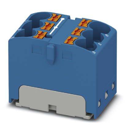 Un composant électrique bleu rectangulaire avec plusieurs connexions en haut et en bas, conçu pour être monté dans un tableau électrique.