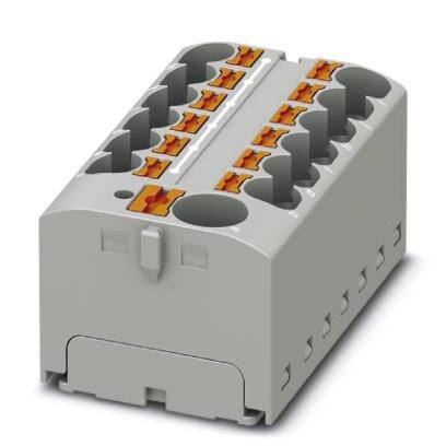 Connecteur électrique gris avec dix bornes de raccordement orange. Utilisé pour connecter des câbles dans des circuits électriques.