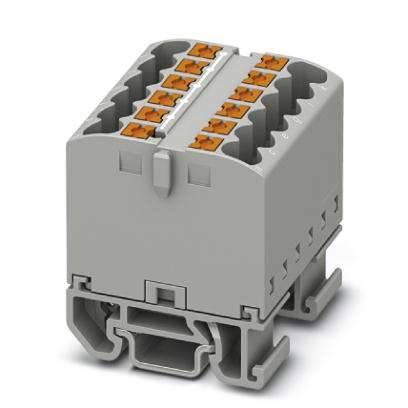 Bloc de connexion électrique gris, rectangulaire, avec des boutons-poussoirs orange et des possibilités de fixation sur chaque côté.