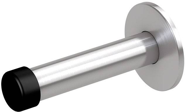 Un arrêt de porte cylindrique en métal avec un socle rond et un capuchon noir à l'extrémité.