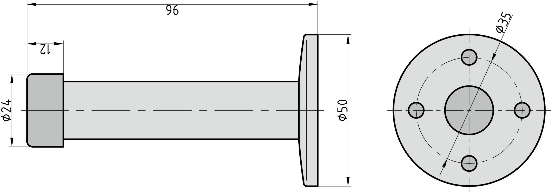 Dessin technique d'un boulon cylindrique avec les dimensions suivantes : longueur 96 mm, diamètre 24 mm, diamètre de tête 50 mm ; perçages sur la face frontale.