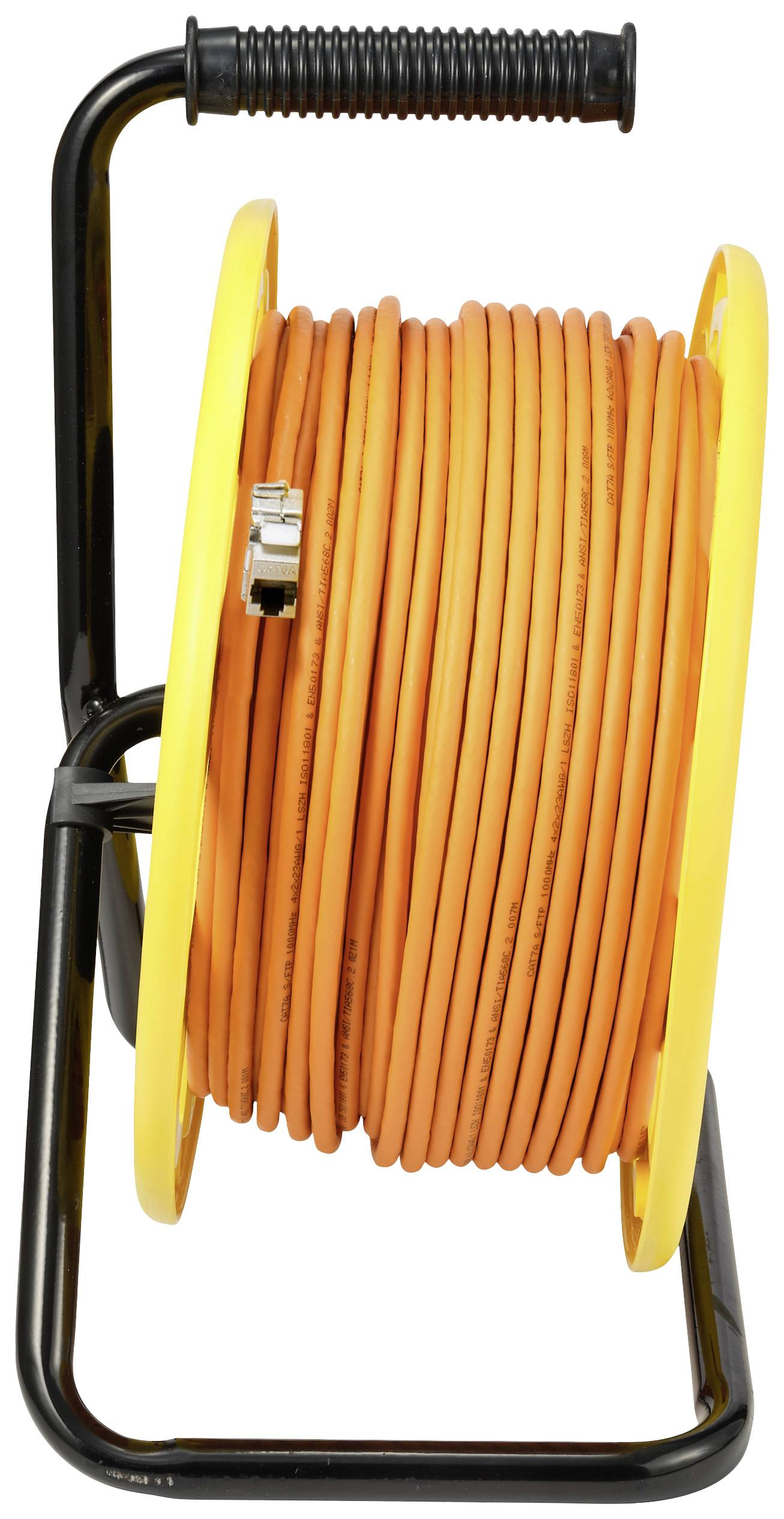 Une bobine de câble jaune avec un câble orange enroulé, montée sur un support noir avec une poignée.