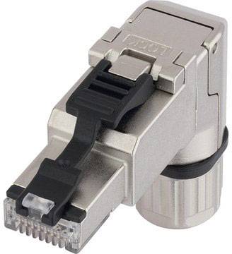 Un module de connecteur RJ45 argenté avec un verrou noir et un branchement de câble à l'arrière, adapté aux connexions réseau.