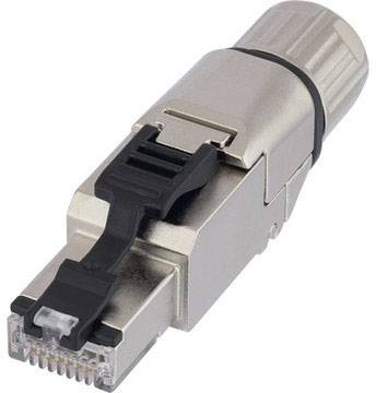 Connecteur RJ45 métallique avec languette en plastique, adapté aux connexions réseau dans un design robuste.