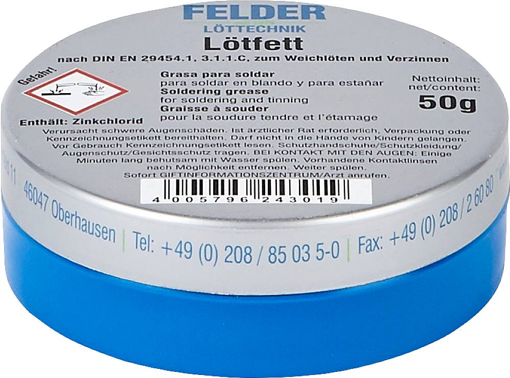 Flux en pot de 'FELDER Löttechnik' de 50g. Utilisé pour le brasage tendre et l'étamage. Contient du chlorure de zinc.