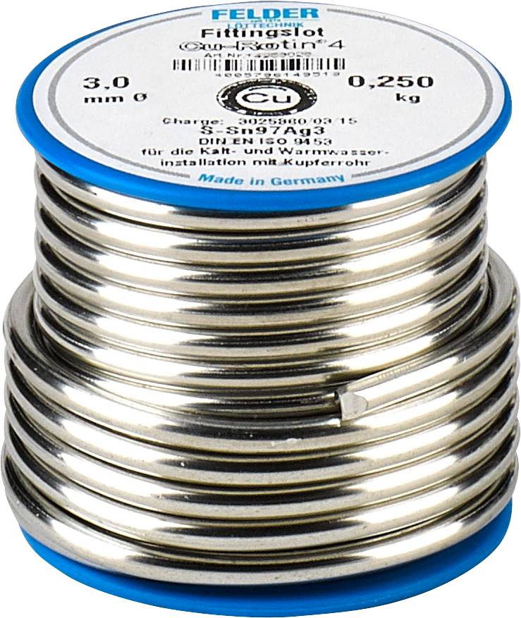 Un rouleau de soudure 'Fittingslot Cu-Exotin 4' de Felder. Diamètre : 3,0 mm, Poids : 0,250 kg. Fabriqué en Allemagne.