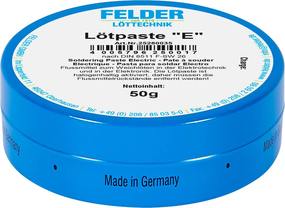 Une boîte bleue portant l'inscription 'FELDER Löttechnik'. Contient 50g de pâte à souder 'E'. Fabriqué en Allemagne.