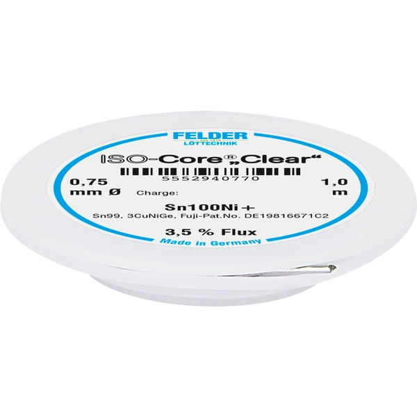 Felder ISO-Core "Clear" Sn100Ni+ Étain à souder sans plomb bobine Sn99,25Cu0,7Ni0,05 0.75 mm Felder ISO-Core "Clear" Sn100Ni+ Étain à souder sans plomb bobine Sn99,25Cu0,7Ni0,05 0.75 mm