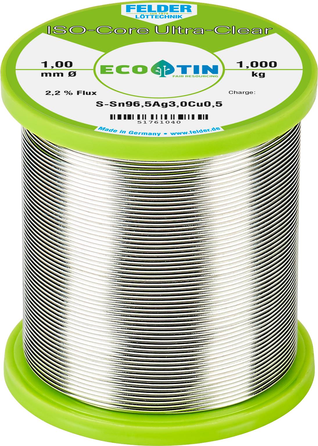 Un rouleau de soudure avec l'inscription 'ISO-Core Ultra-Clear', diamètre de 1,0 mm, 1 kg, 2,2 % de flux, fabriqué en Allemagne.