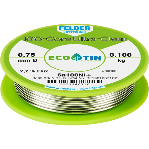 Felder ISO-Core "Ultra-Clear" Sn100Ni+ Étain à souder sans plomb bobine Sn99,25Cu0,7Ni0,05 0.100 kg 0.75 mm Felder ISO-Core "Ultra-Clear" Sn100Ni+ Étain à souder sans plomb bobine Sn99,25Cu0,7Ni0,05 0.100 kg 0.75 mm
