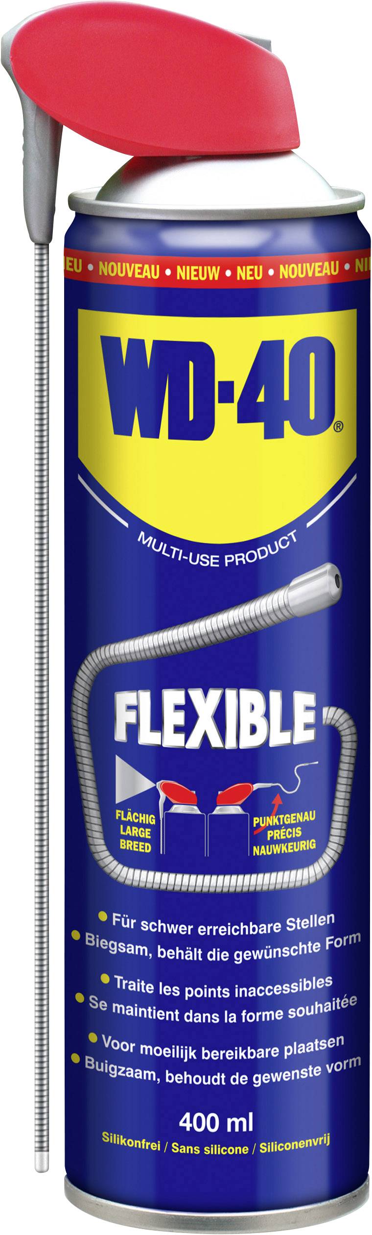 Bombe de WD-40 avec un tube métallique flexible pour atteindre les endroits difficiles d'accès, avec les mentions 'Flexible' et 'Multi-Use Product' visibles sur l'étiquette.