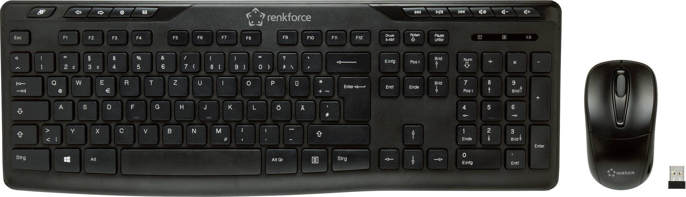 Clavier d'ordinateur noir avec pavé numérique complet et adaptateur, à côté d'une souris sans fil noire. Marque : Renkforce.