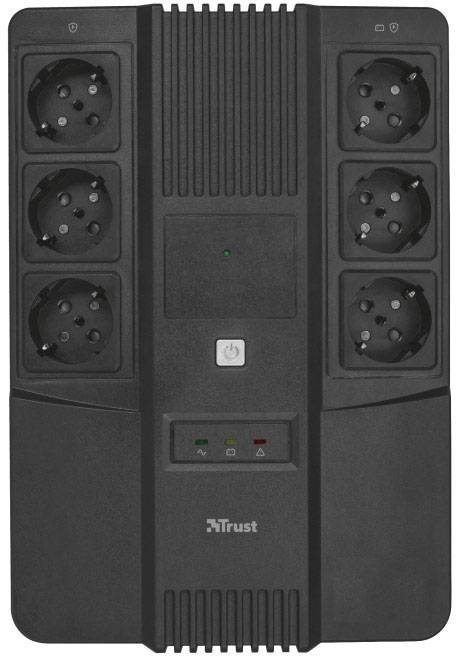 Multiprise noire à six prises avec protection contre les surtensions et interrupteur à bascule, adaptée à la protection des appareils électroniques.
