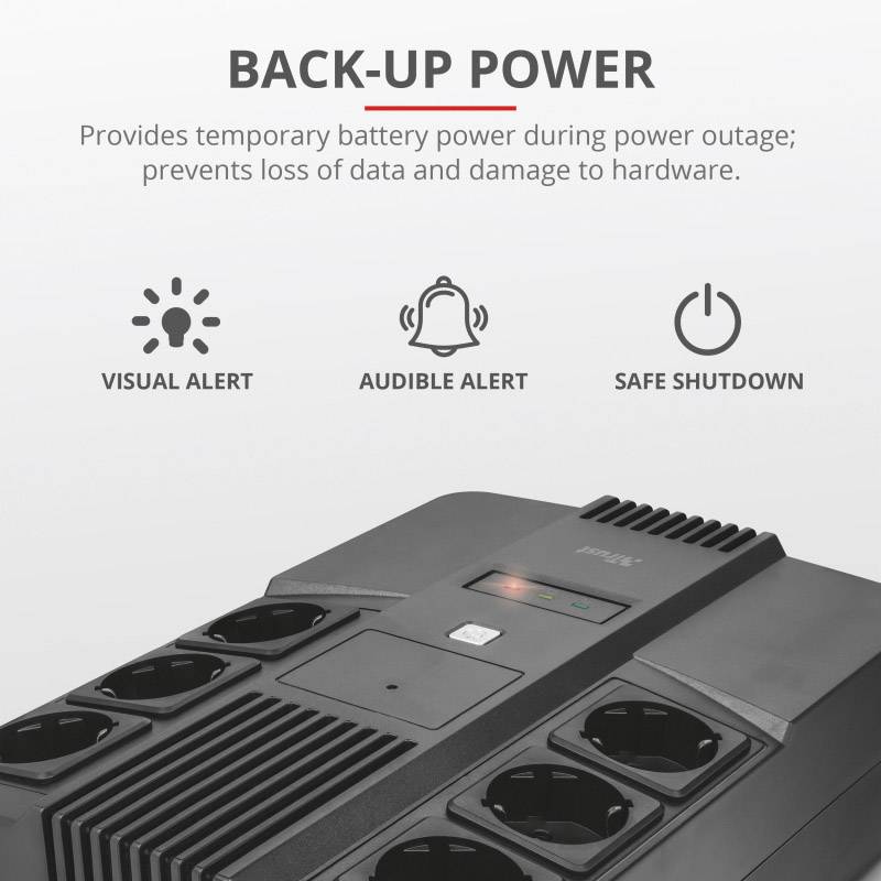 Un système d'alimentation électrique noir avec plusieurs prises. Texte 'BACK-UP POWER', montrant les fonctions : avertissement visuel et acoustique, coupure automatique.