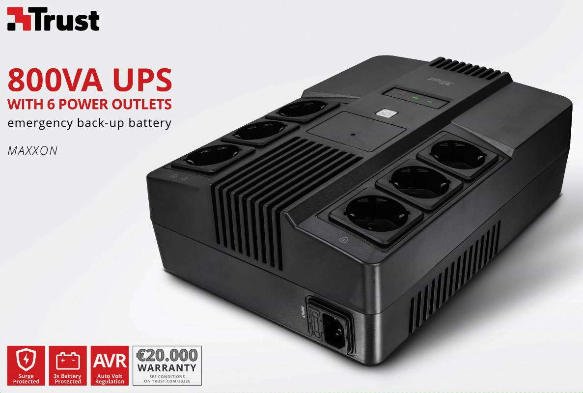 Appareil d'alimentation sans interruption (ASI) avec six prises électriques, capacité de 800VA, en tant que batterie de secours d'urgence. Assurance de 20 000 euros.