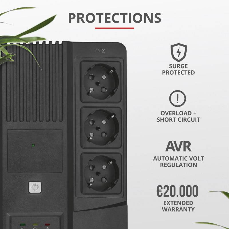 Here's the translation in French:'Protection contre les surtensions''Surcharge & Court-circuit''Régulation Automatique de Tension (RAT)''Garantie Étendue de €20.000'