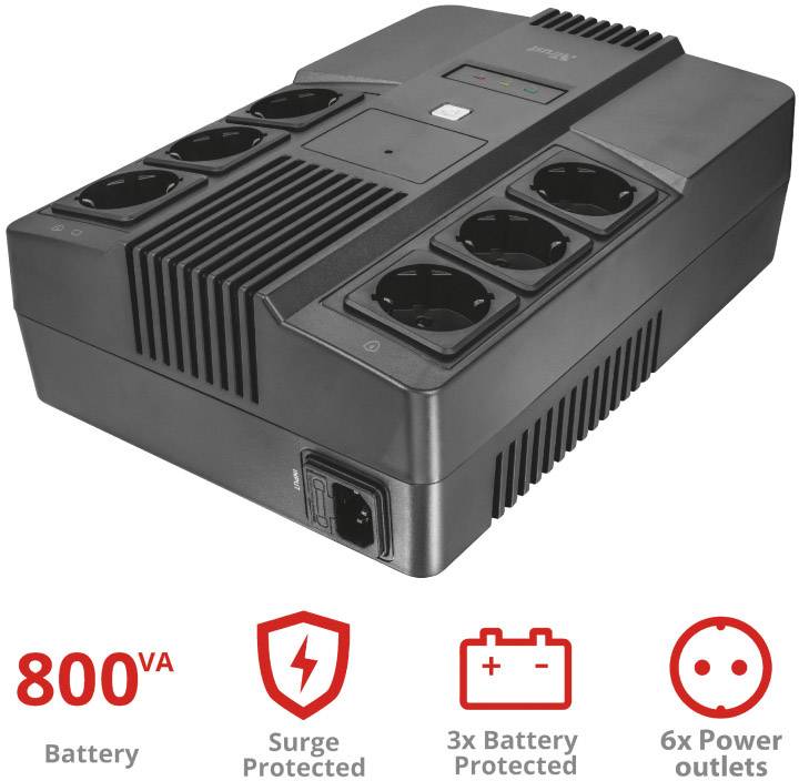 Un onduleur noir (800 VA) avec six prises électriques, protection contre les surtensions et triple protection batterie.