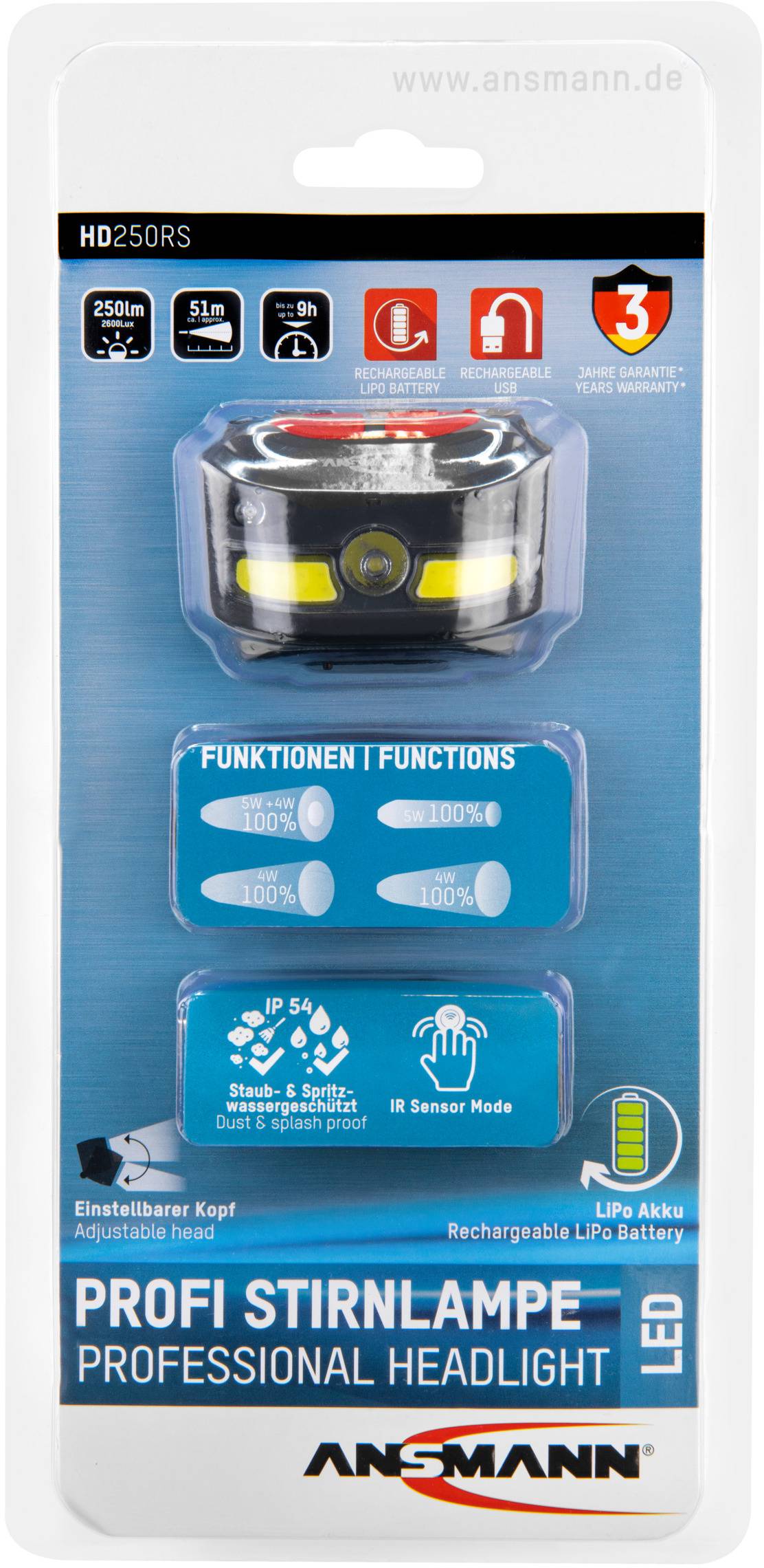 Lampe frontale LED Ansmann HD250RS à batterie 250 lm 1600-0224