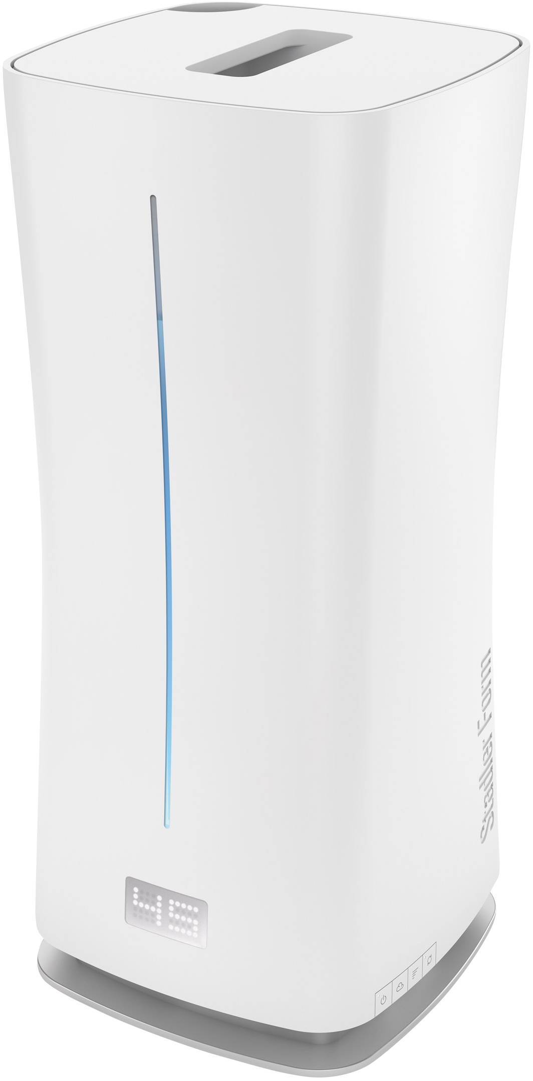 Purificateur d'air blanc rectangulaire avec un affichage numérique sur l'avant.