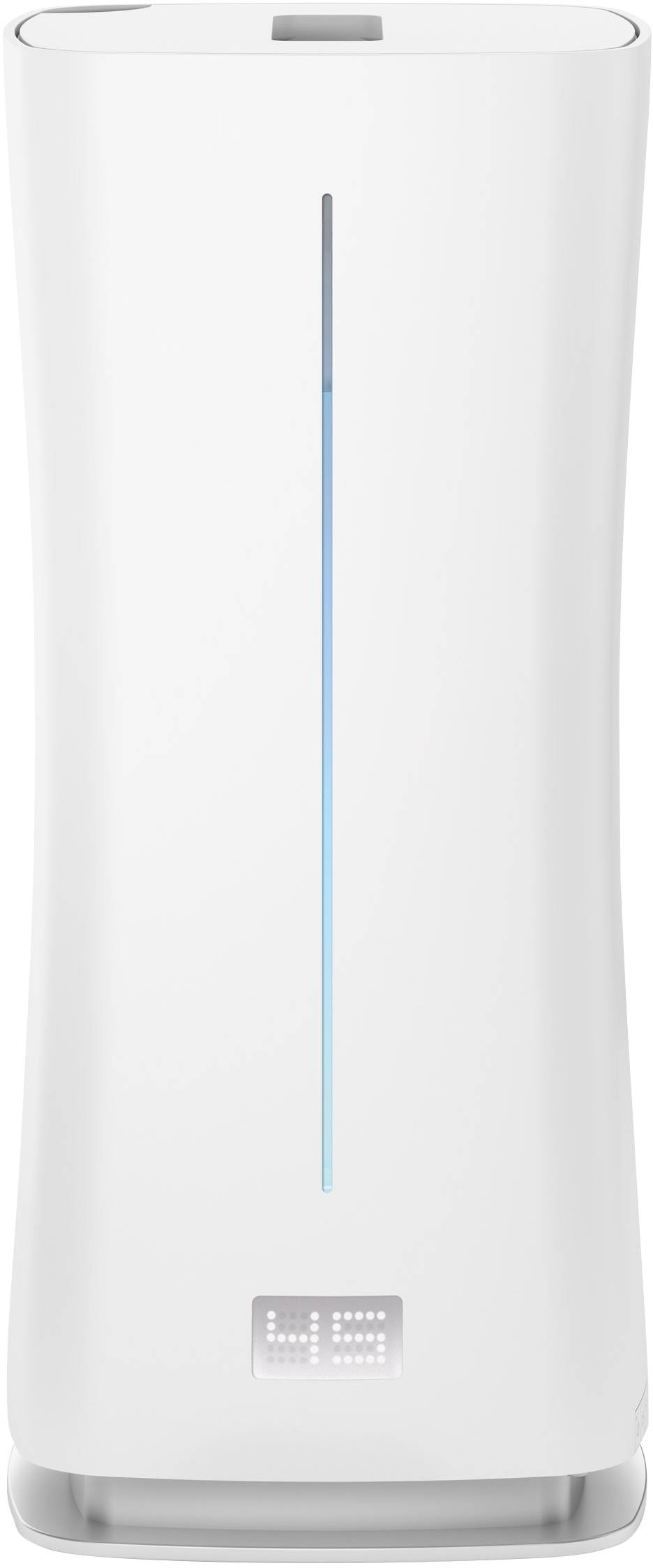 Un humidificateur blanc avec un affichage numérique et un indicateur de niveau d'eau au centre.