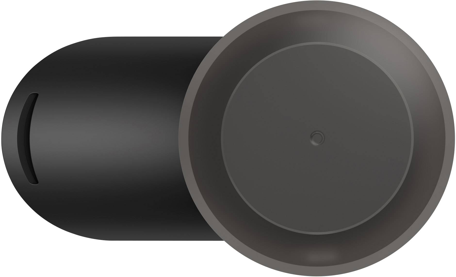 Un haut-parleur noir cylindrique avec un dessus arrondi, au design minimaliste.