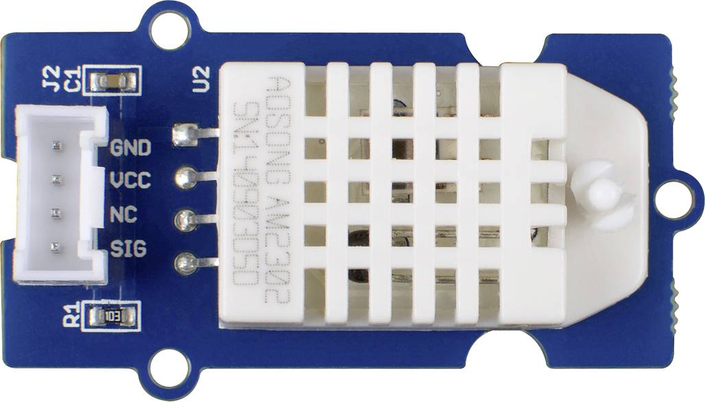 Un capteur bleu avec des détails de connexion blancs, étiqueté AOSONG AM2302, monté sur un circuit imprimé. Connexions pour GND, VCC, NC, SIG.