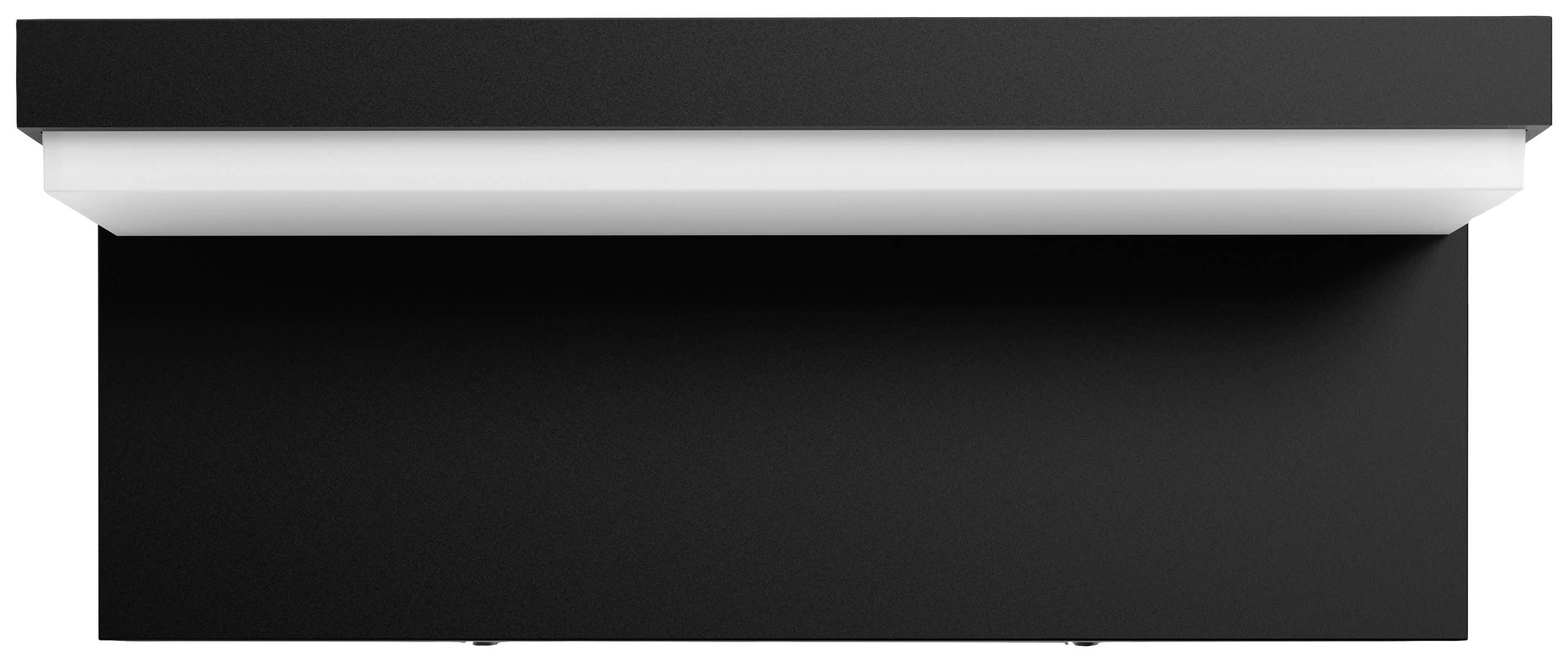 Structure rectangulaire noire vue de dessous, possiblement un luminaire moderne au design minimaliste avec un accent blanc.