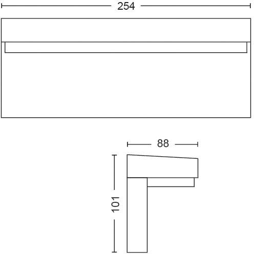 Dessin technique d'un objet rectangulaire avec dimensions : Largeur 254, Hauteur 101, Profondeur 88. Vue de profil en bas à droite.