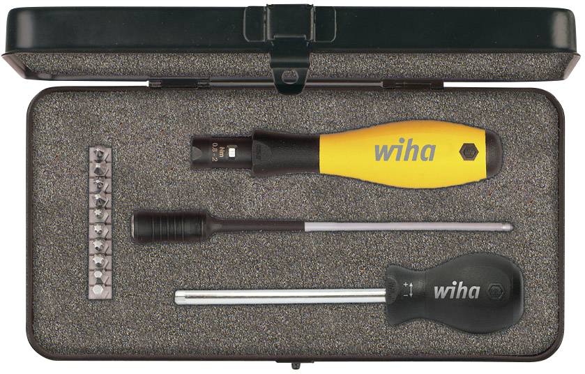 Ensemble d'outils comprenant un tournevis avec manche jaune, poignée noire, rallonge pour embouts longue et différents embouts de vissage, rangés dans un étui.