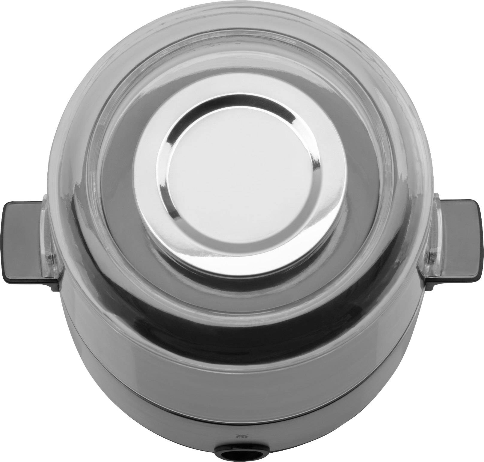 Un pot en argent à deux anses, photographié de dessus, se distingue par son couvercle brillant.