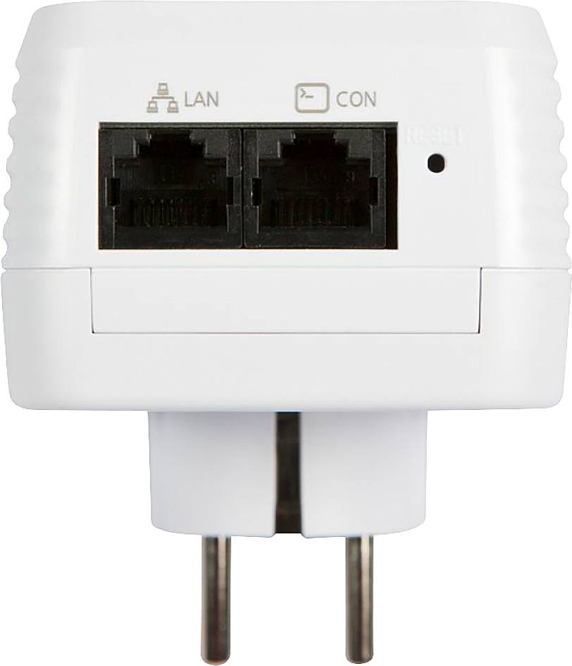 Un adaptateur électronique blanc avec deux ports réseau, marqués 'LAN' et 'CON', ainsi qu'un bouton de réinitialisation.
