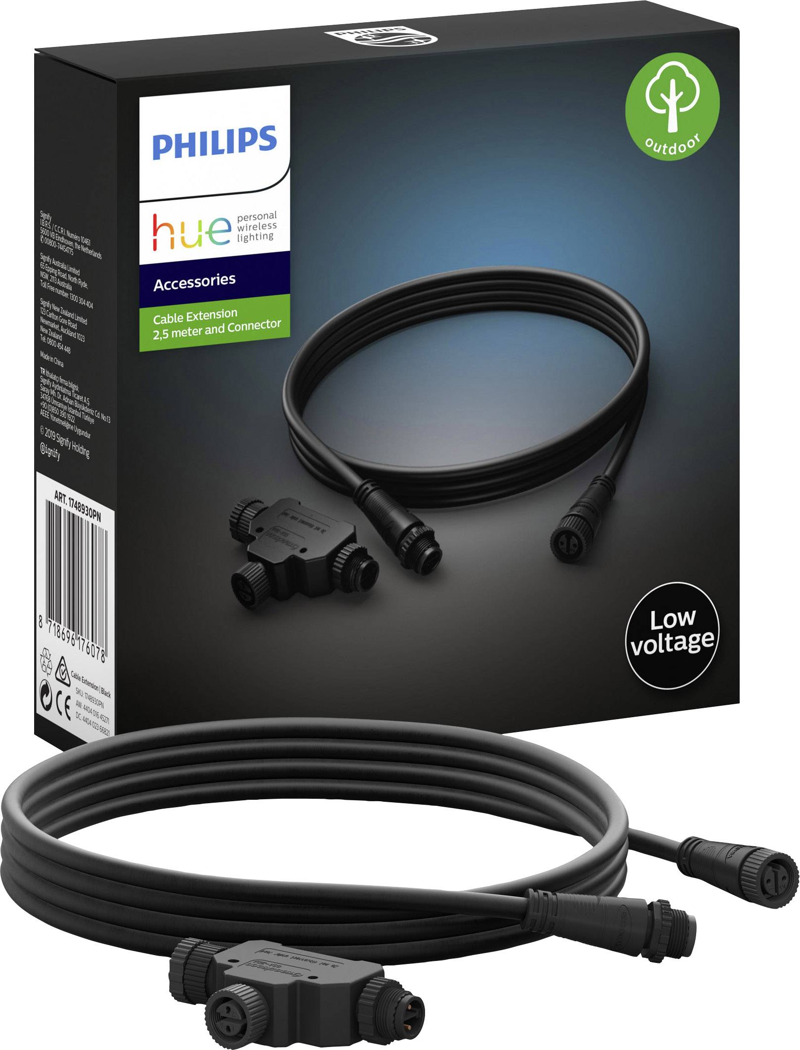 Une rallonge Philips Hue pour extérieur, d'une longueur de 2,5 mètres, avec connecteurs, dans un emballage noir.