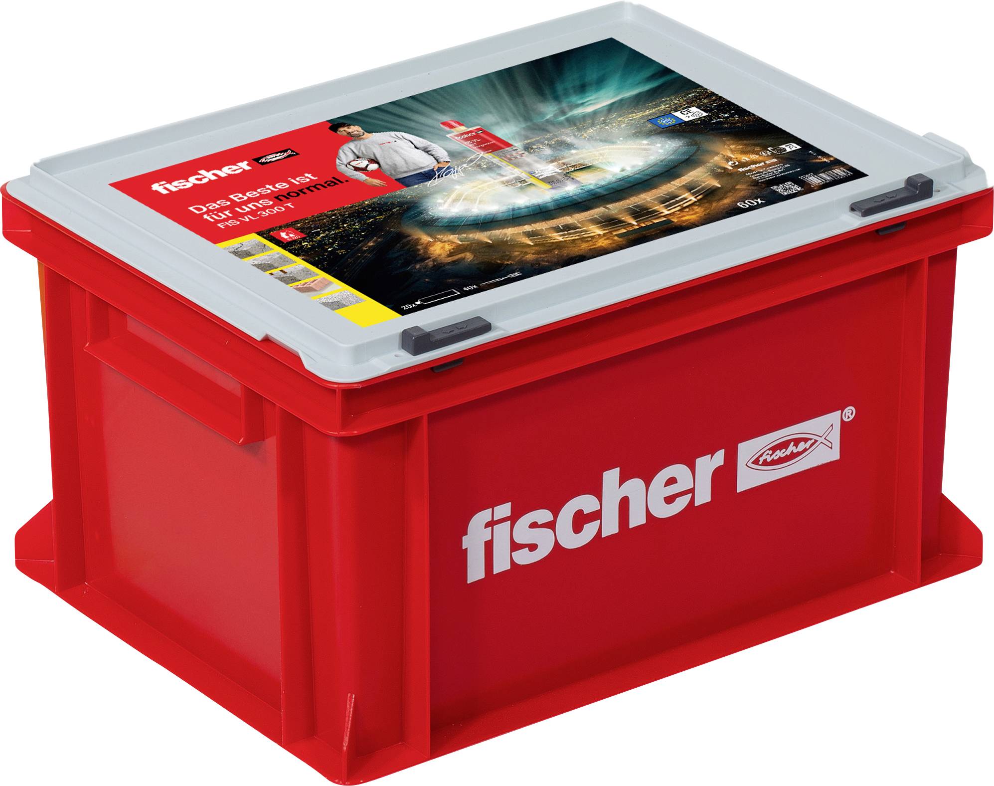 Conteneur en plastique rouge avec le logo 'fischer'. Sur le couvercle : Image d'un stade et d'une personne. Texte : 'fischer. Les meilleures solutions pour les professionnels.'