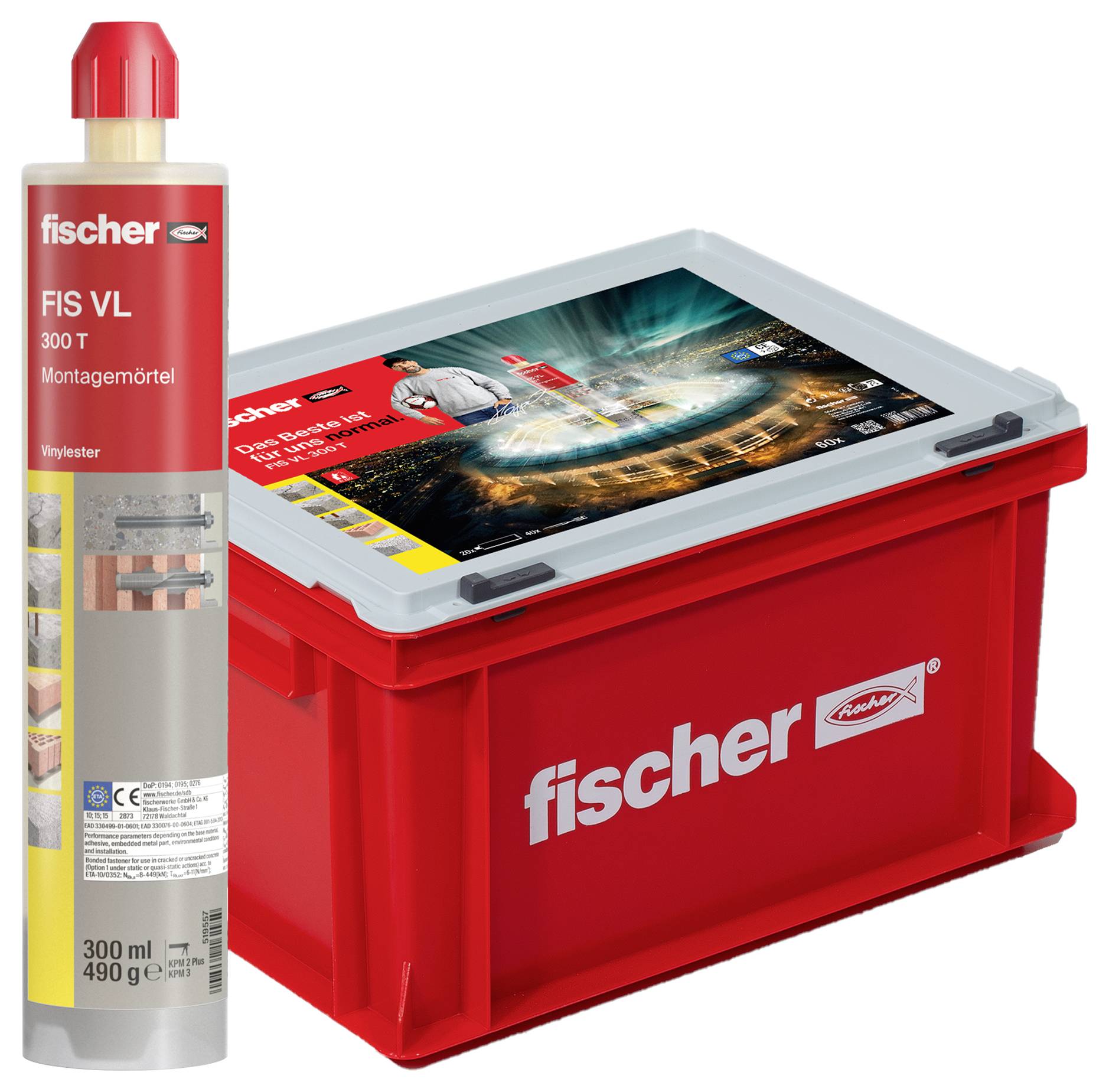 Boîte en plastique avec logo Fischer et cartouche de mortier de montage FIS VL 300 T. Contient une image et un texte relatifs aux applications de montage.