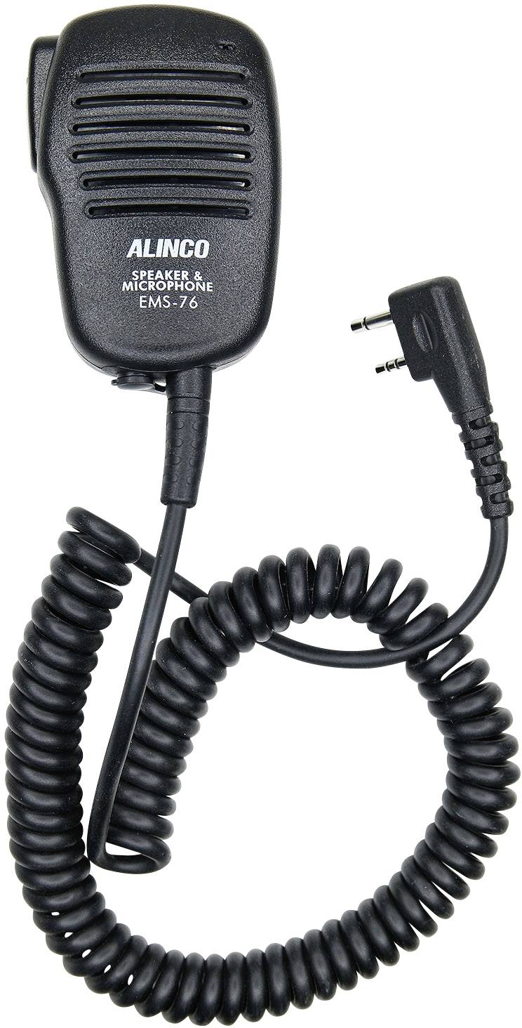 Un microphone noir sans fil avec un câble spiralé et une prise. En haut est inscrit 'Alinco' et 'EMS-76'.