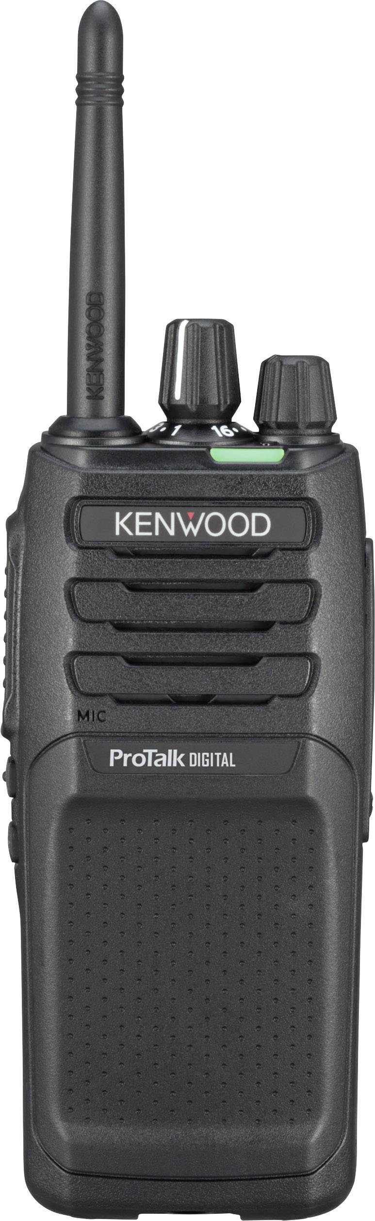 Un talkie-walkie noir de marque Kenwood avec antenne, microphone et différents boutons de commande. Modèle : ProTalk Digital.