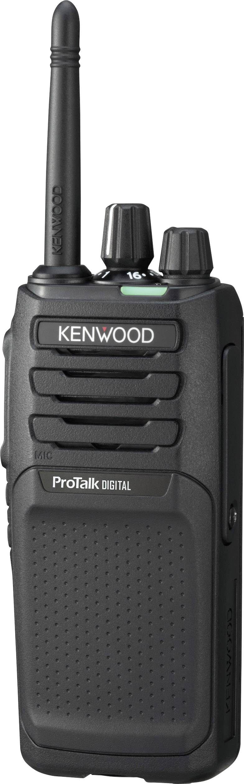 Un talkie-walkie numérique Kenwood ProTalk noir avec antenne et plusieurs boutons de commande, est placé verticalement.