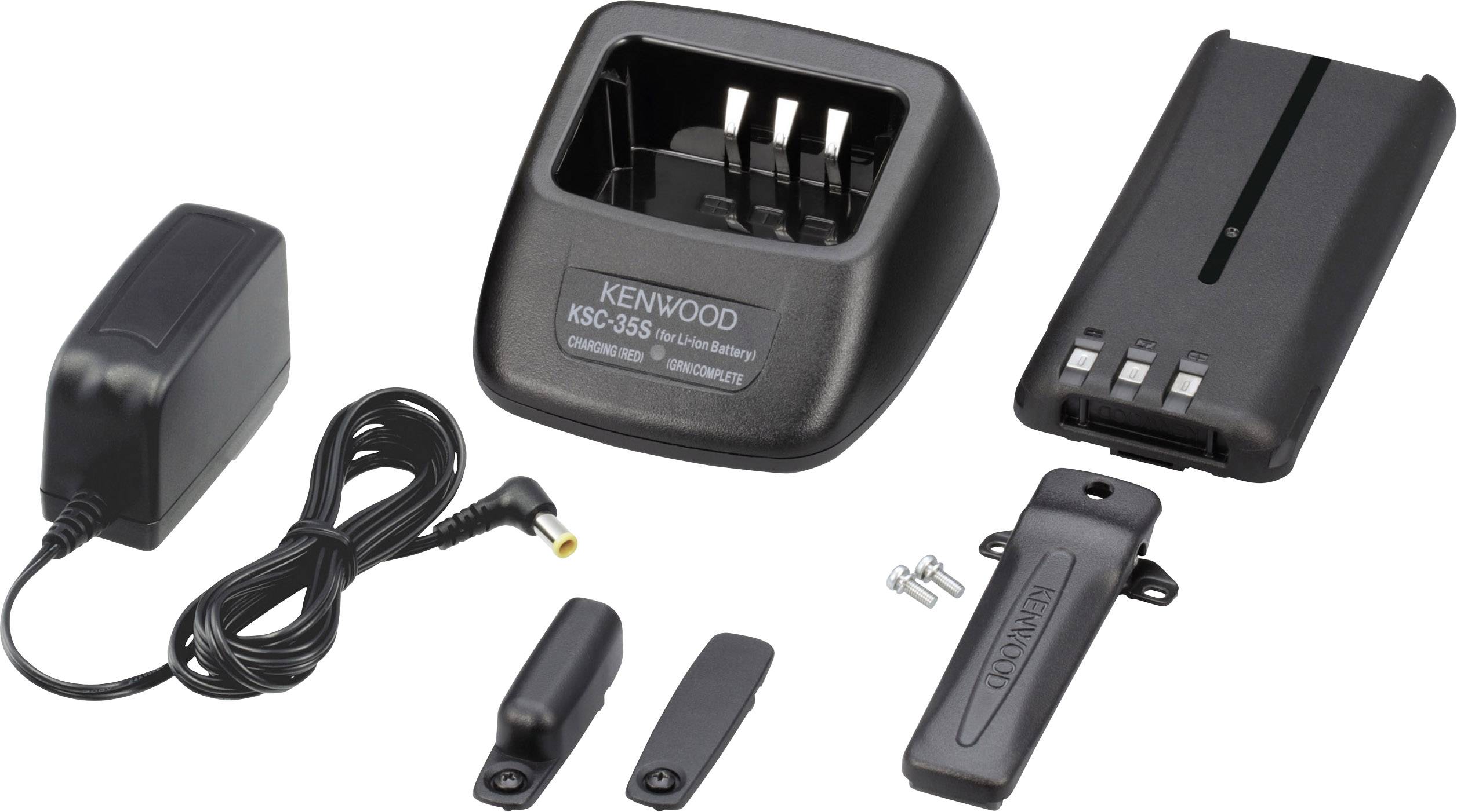 Kit de chargeur comprenant un adaptateur secteur, une base de charge, un clip de ceinture et des vis de fixation. Compatible avec les appareils de communication Kenwood.