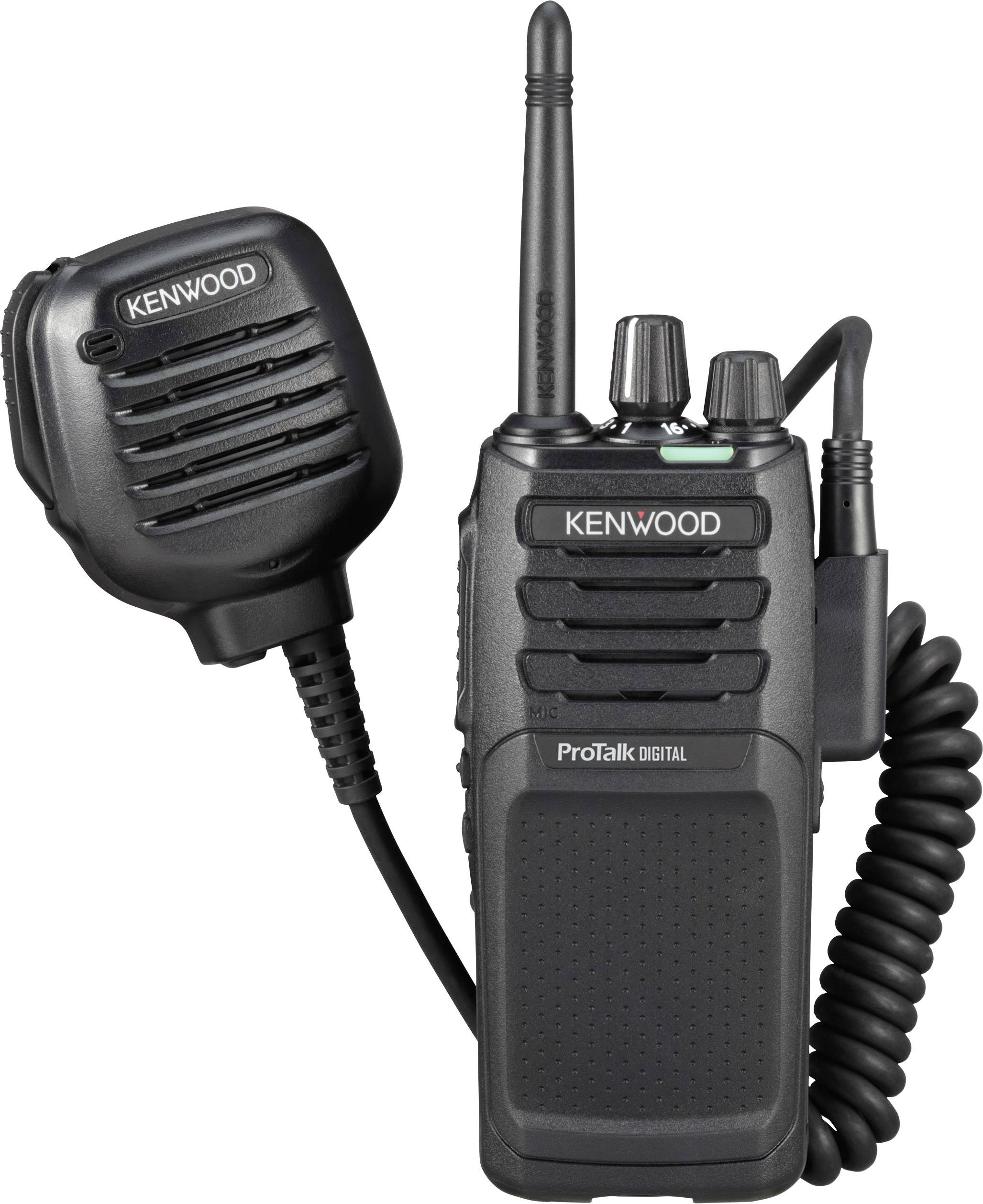 Un poste radio Kenwood avec microphone, adapté à la communication dans des environnements exigeants, avec étiquetage numérique ProTalk.
