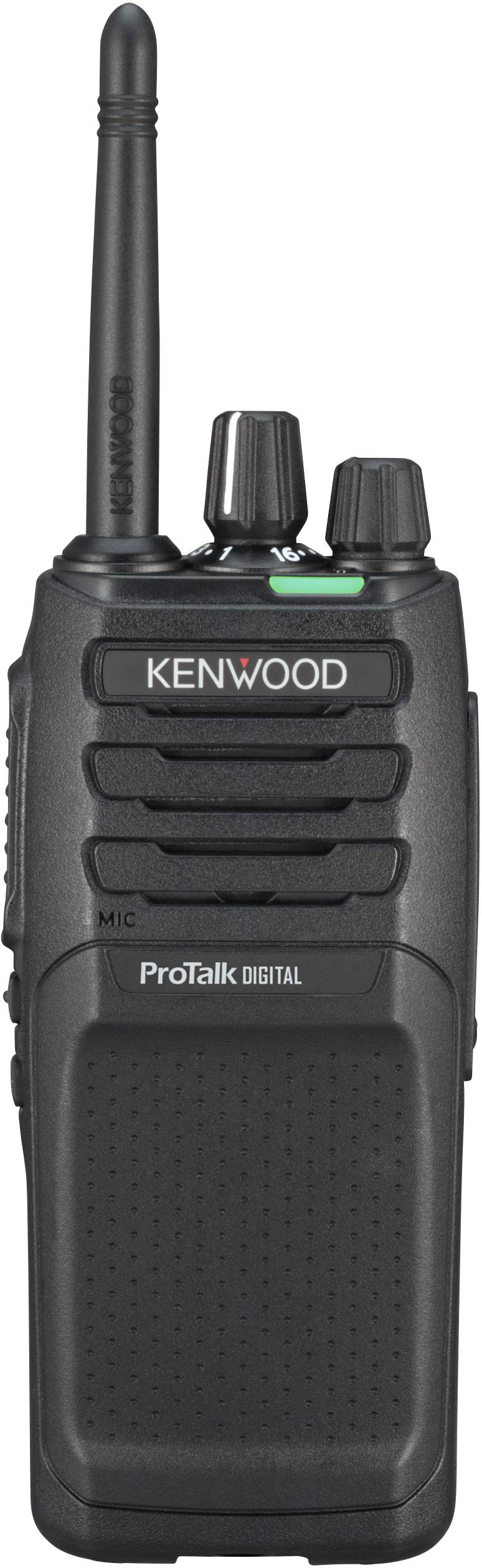 Un talkie-walkie noir avec logo de marque et affichage numérique avec éléments de commande.