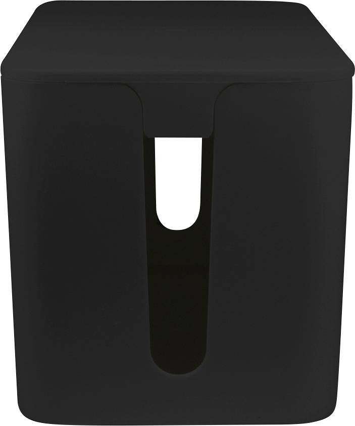 Une boîte noire rectangulaire avec une ouverture centrale sur la face avant.