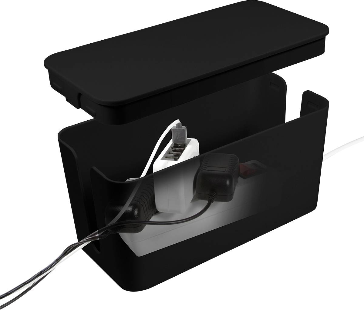 Organisateur de câbles noir avec couvercle amovible ; à l'intérieur, plusieurs prises électriques et câbles sont visibles.