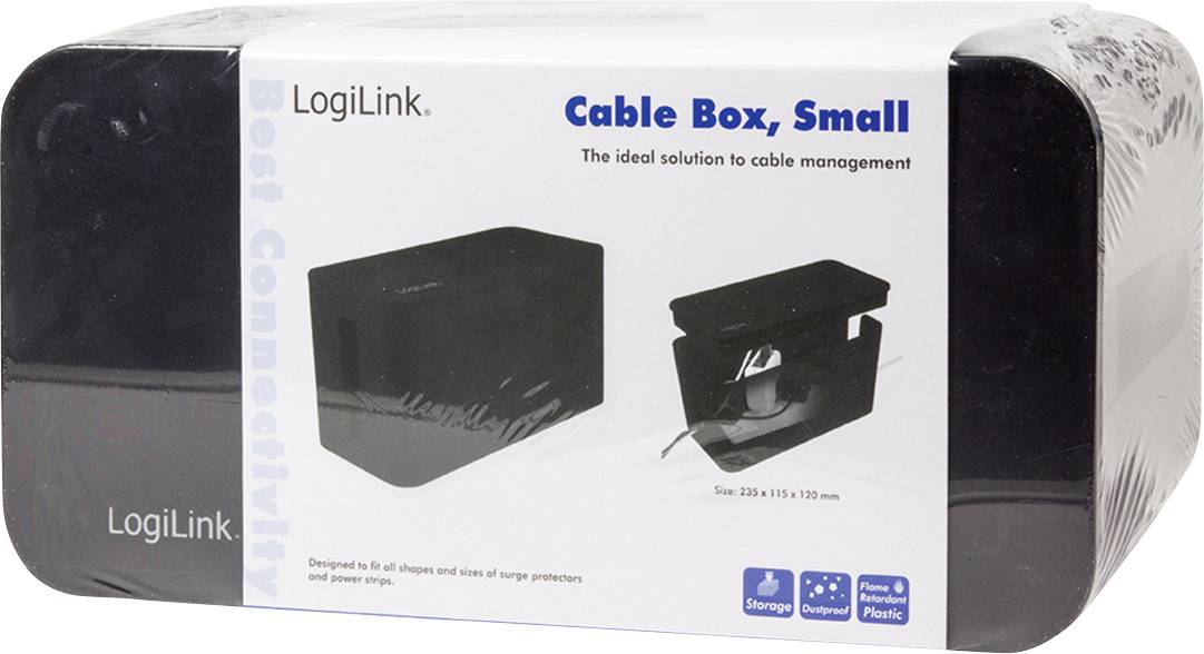 Une petite boîte de gestion de câbles noire de LogiLink. Contient des images de la boîte ; Dimensions : 235 x 125 x 120 mm. Idéale pour l'organisation des câbles.