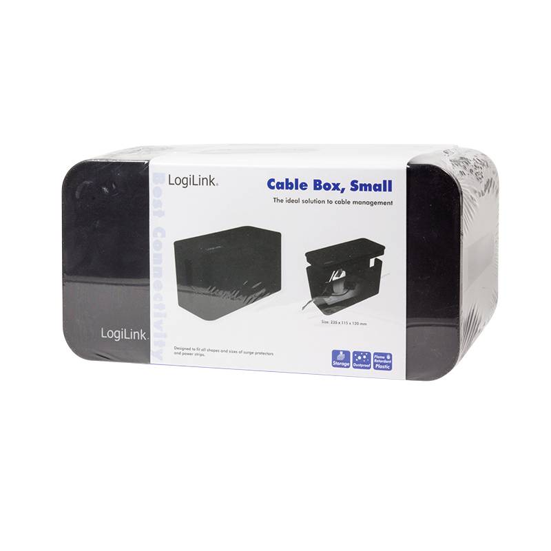 Boîte de rangement LogiLink noire pour câbles. Texte sur l'emballage : « Cable Box, Small - La solution idéale pour la gestion des câbles ». Dimensions : 235x116x120 mm.