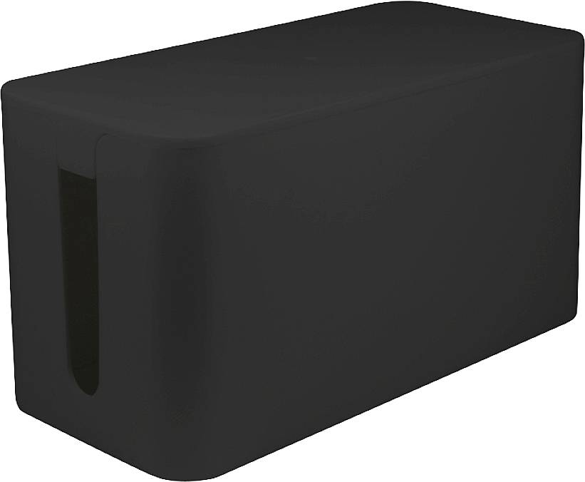 Boîte de rangement noire pour câbles, de forme rectangulaire, permettant un stockage et un masquage ordonnés des câbles, ouverte sur un côté.
