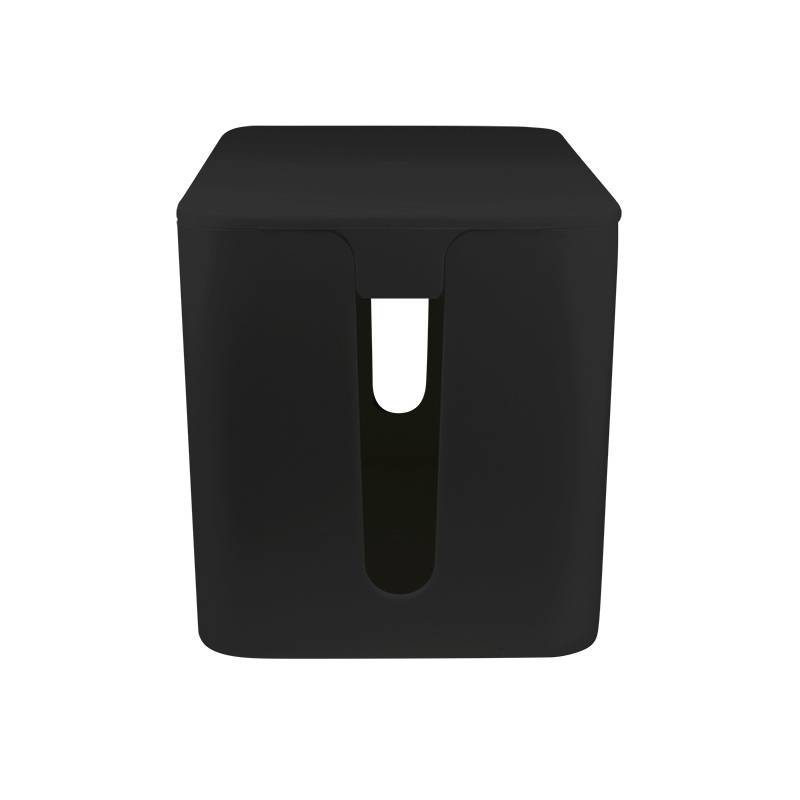 Boîte de rangement noire pour câbles, de forme rectangulaire, avec une fente sur la face avant, destinée à un rangement ordonné des câbles.